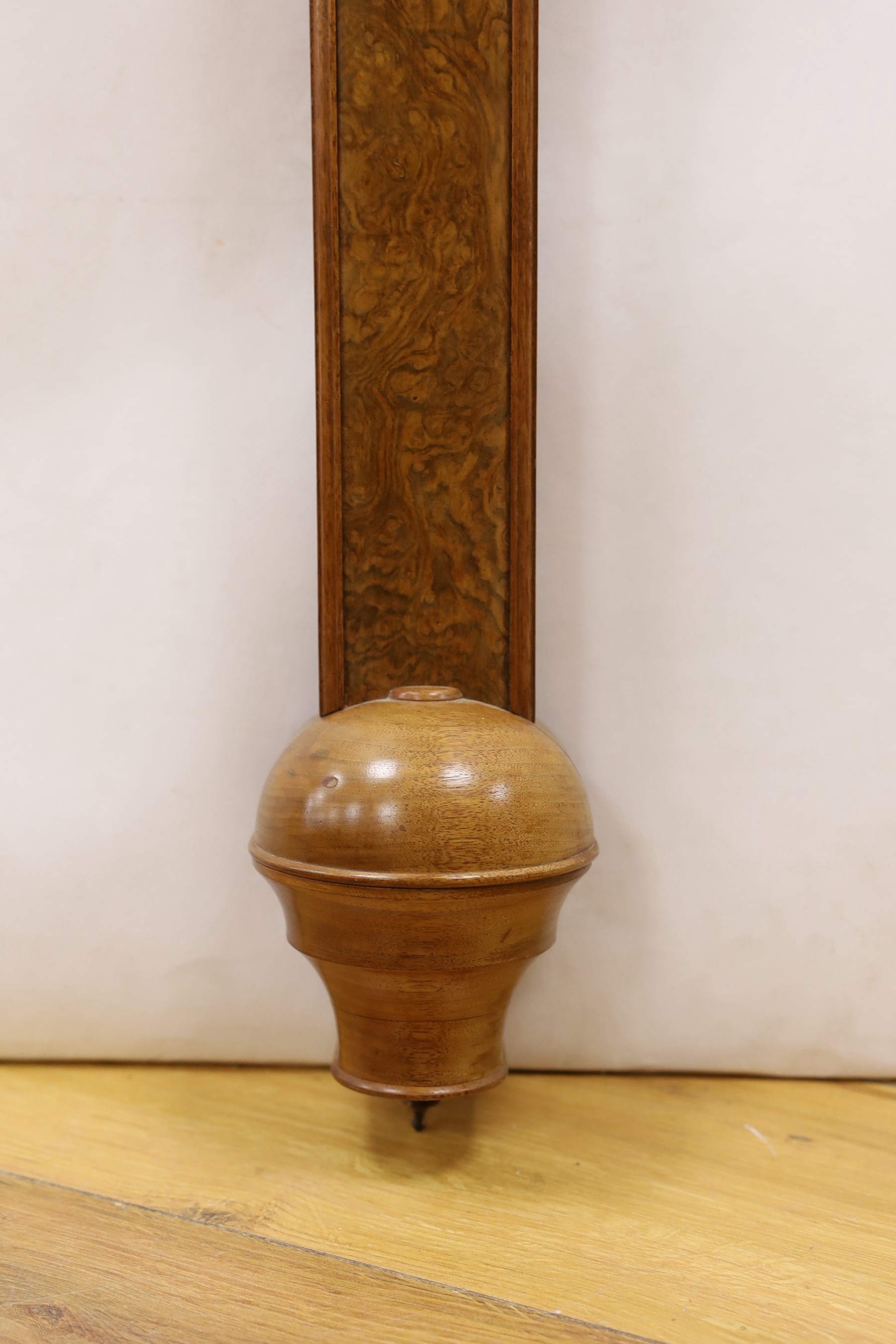 A Comitti & Son limited edition burr walnut and mahogany barometer, copy of a stick barometer by John Cuff, 100cm